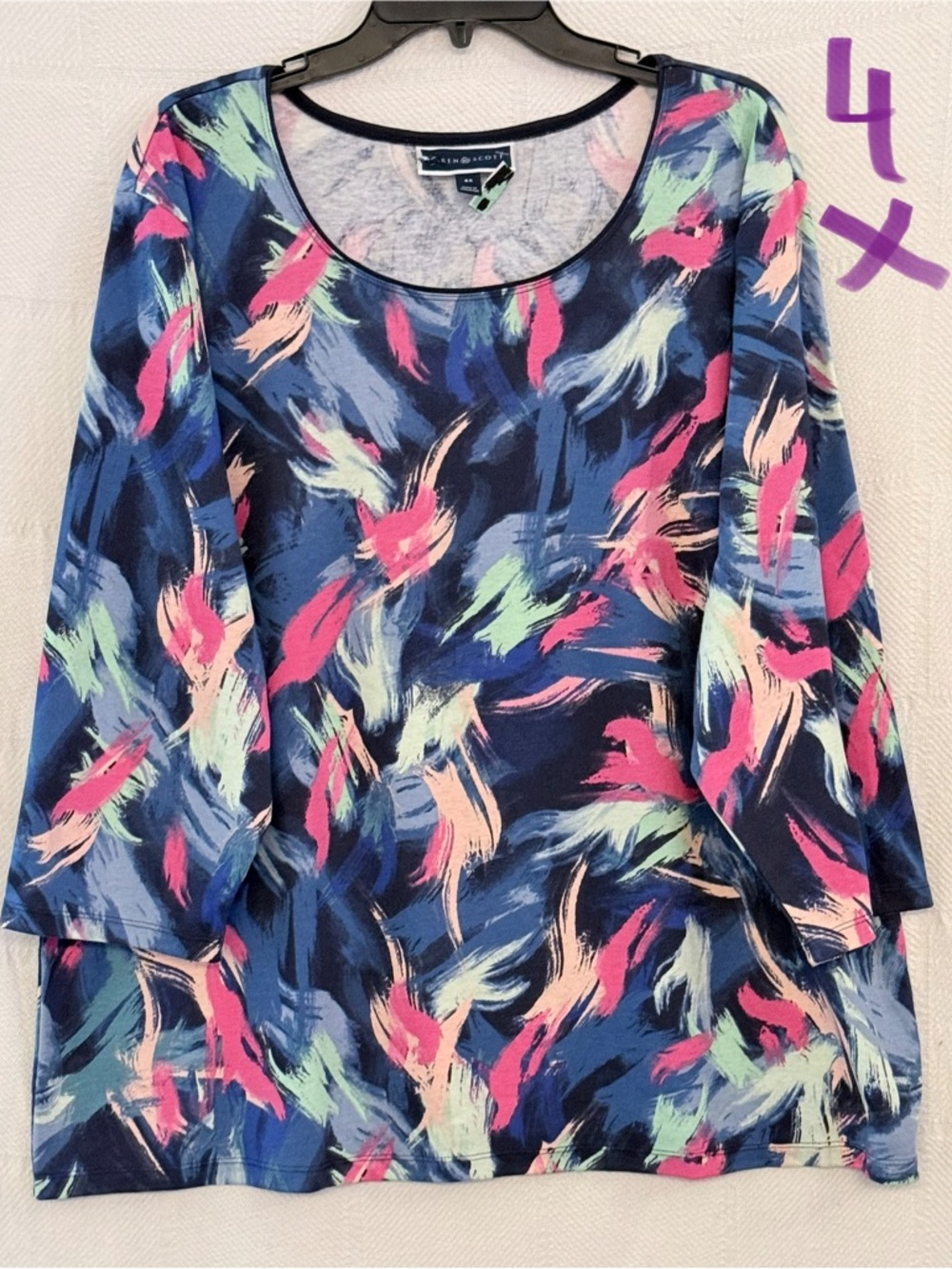 Karen Scott Navy Abstract Brushstroke Long Sleeve Top with Pink and Mint